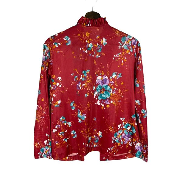 Vintage 60s Red Floral Print Open Tie Front Long Sleeve Cardigan - Picture 2 of 6